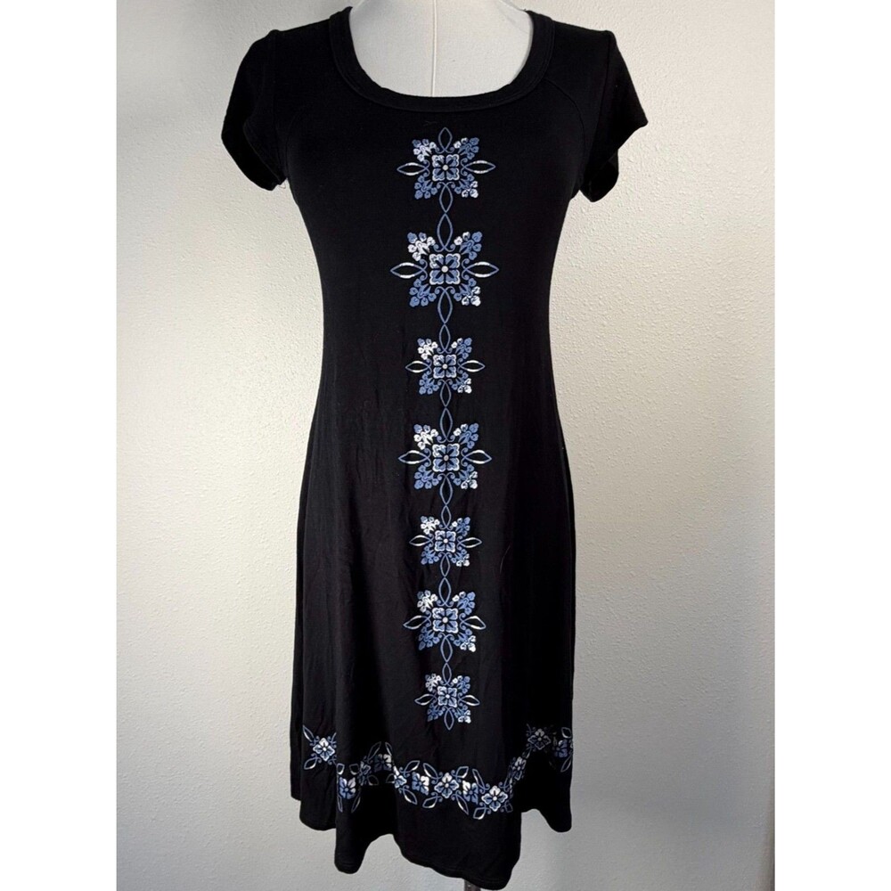 Karen Kane Embroidered Midi Dress Womens XS Black Blue Floral USA Made